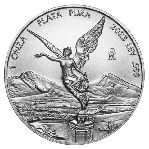 1 oz Libertad srebrna moneta – awers z herbem Meksyku i historycznymi symbolami