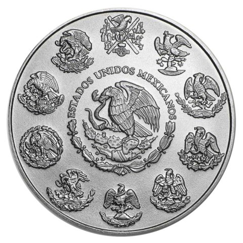 1 oz Libertad srebrna moneta – awers z herbem Meksyku i historycznymi symbolami