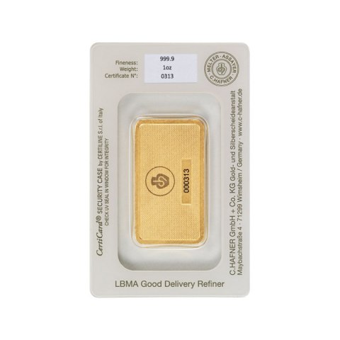 1 oz złota sztabka C.Hafner w zabezpieczonym blistrze z Niemiec