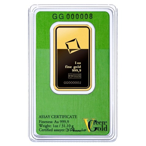 Sztabka złota 1 oz Valcambi Green Gold – złoto 999,9 z odpowiedzialnych źródeł, zapakowana w CertiPack z numerem seryjnym
