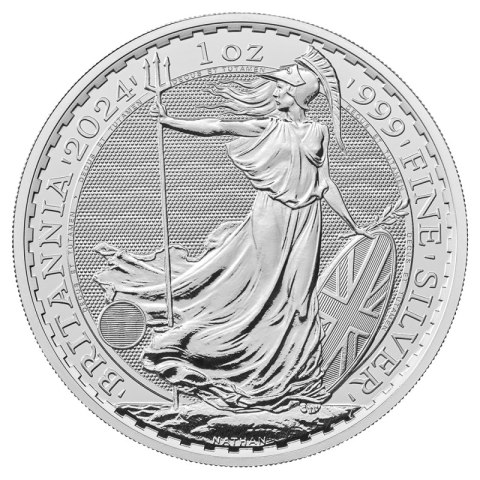 1 oz Britannia Karol III 2024 srebrna moneta – rewers z postacią Britannii i zabezpieczeniami menniczymi