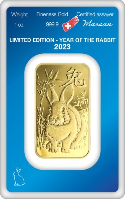 Złota sztabka 1 oz Rok Królika 2023 Argor-Heraeus – blister CertiCard, złoto inwestycyjne próby 999.9
