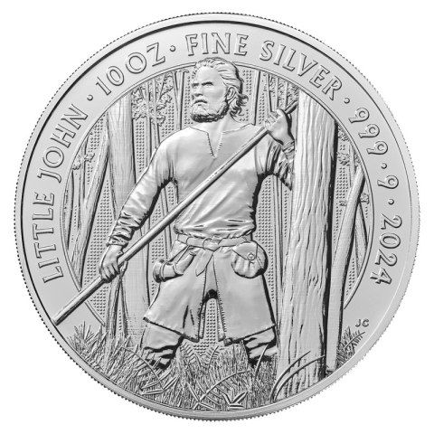 10 oz srebrna moneta Mały John 2024 – awers z królem Karolem III i nominałem 10 funtów