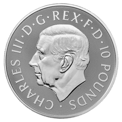 10 oz srebrna moneta Mały John 2024 – awers z królem Karolem III i nominałem 10 funtów