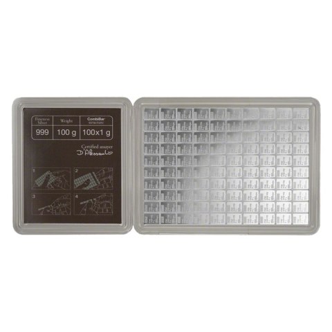 Srebrna sztabka CombiBar 100g Valcambi – przód z 100 sztabek 1g próby 999