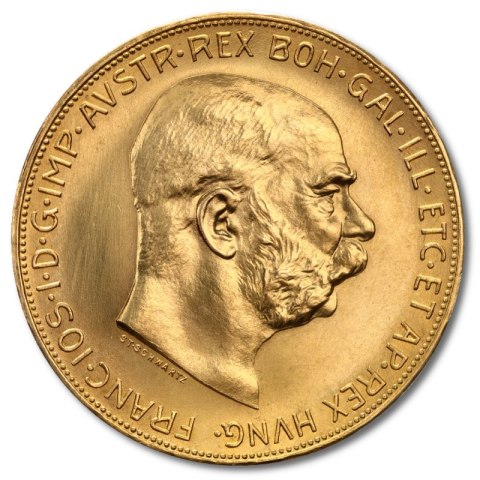 Złota moneta 100 Koron Austriackich z wizerunkiem cesarza Franciszka Józefa I