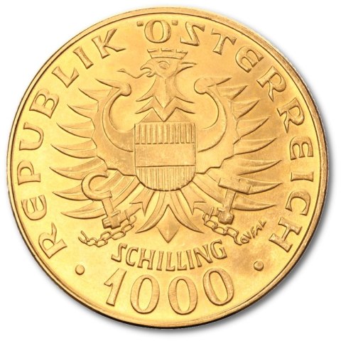 1000 Szylingów Austriackich Babenberger złota moneta – rewers z orłem i nominałem 1000 szylingów