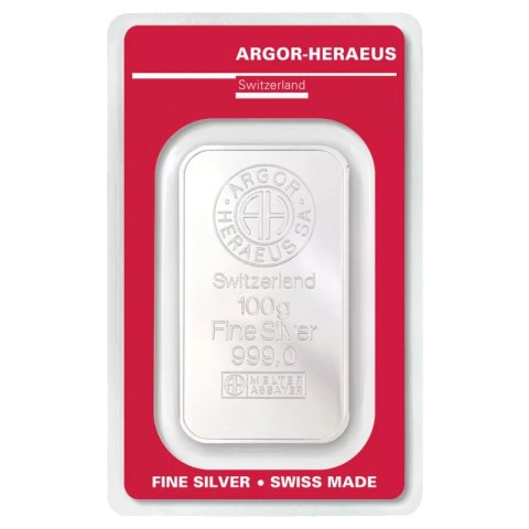 100g srebrna sztabka Argor-Heraeus – awers z logo i próbą