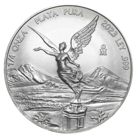 1/4 oz Libertad srebrna moneta – awers z herbem Meksyku i historycznymi symbolami