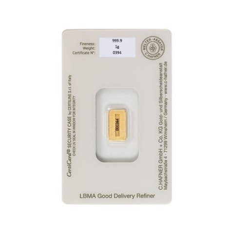 1g Złota Sztabka C.Hafner – niemiecka sztabka w certyfikowanym blistrze, czystość 999,9