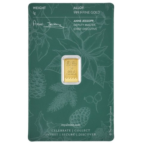 1 g Złota Sztabka Wesołych Świąt – The Royal Mint, świąteczne opakowanie prezentowe