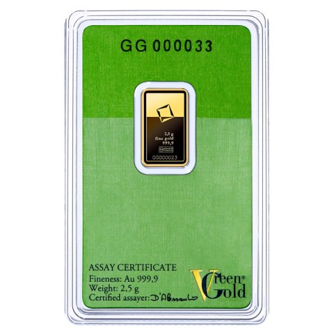 2,5 g sztabka złota Valcambi Green Gold w blistrze z certyfikatem i numerem seryjnym