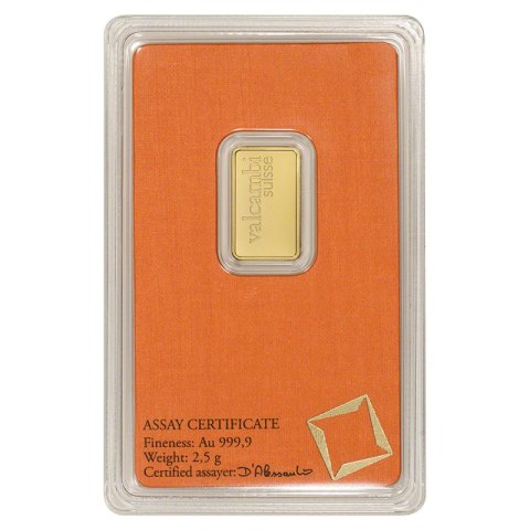 2,5 g Złota Sztabka Valcambi Suisse w oryginalnym opakowaniu z certyfikatem, próba 999,9