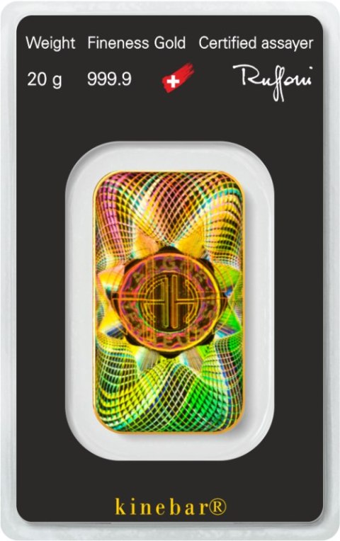Złota sztabka 20 g Kinebar Argor-Heraeus – hologram Kinegram®, złoto próby 999,9, opakowanie blister z certyfikatem