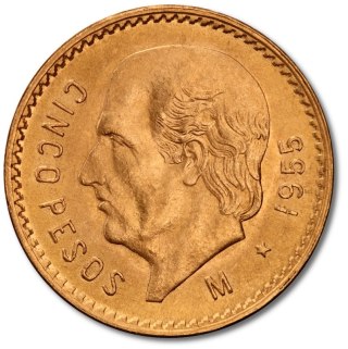 5 Peso Meksyk Hidalgo Złota Moneta | 1905 -1955
