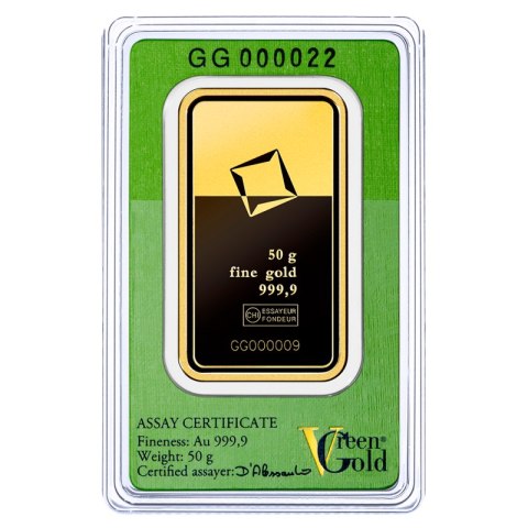 Złota sztabka Valcambi 50g Green Gold – czystość 999,9, opakowanie CertiPack, ekologiczna inwestycja