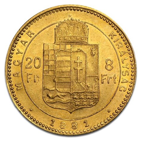 8 Forintów / 20 Franków złota moneta Austro-Węgry 1870–1892 w kapslu ochronnym