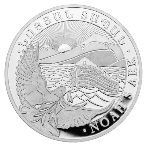 1 oz Arka Noego 2024 srebrna moneta Armenia – rewers z Arką Noego, górą Ararat i gołębicą