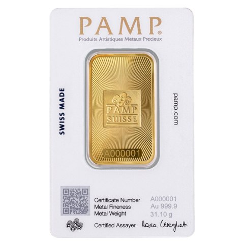 1 Uncja Złota Sztabka PAMP Suisse – czystość 999,9 w oryginalnym CertiPAMP blisterze