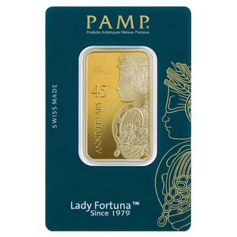 Złota sztabka 1 oz Lady Fortuna 45-lecie od PAMP Suisse w CertiPAMP – złoto inwestycyjne 999.9