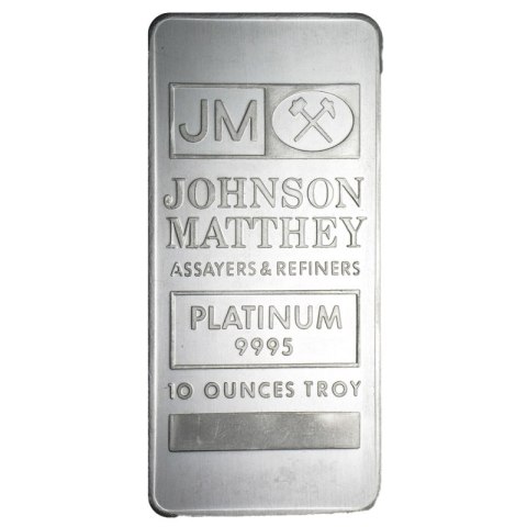 10 oz Platynowa Sztabka Johnson Matthey – przód z logo i próbą 999,9