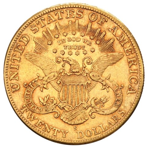 Złota moneta Podwójny Orzeł Liberty Head 20$ – rewers z orłem i tarczą USA