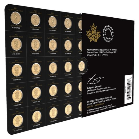 25 × 1 g MapleGram złote monety – blister z Liściem Klonowym