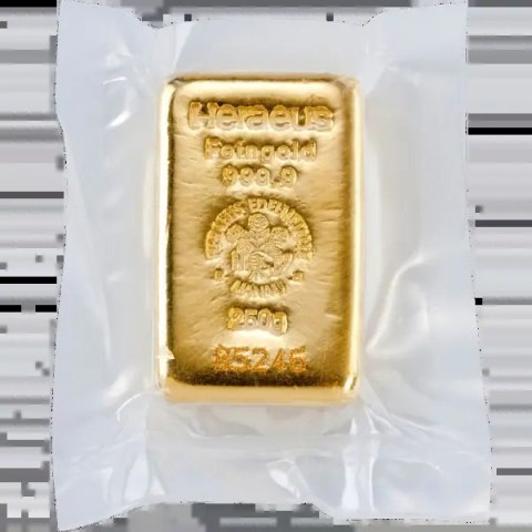 250g Złota Sztabka Heraeus – ręcznie odlewana, certyfikat i numer seryjny