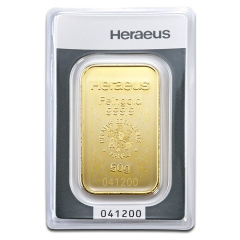 Złota sztabka 50g Heraeus z certyfikatem – czystość 999,9 w opakowaniu CertiCard