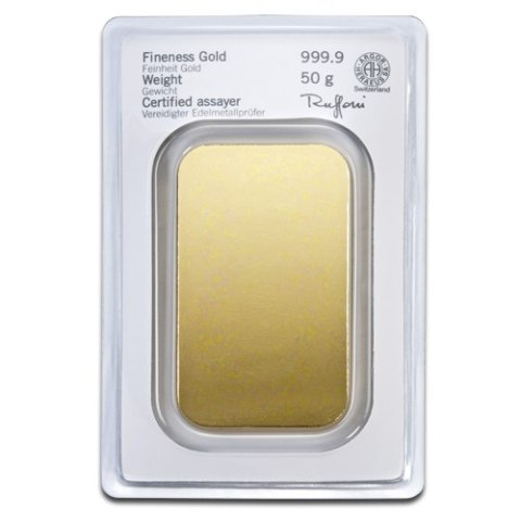 Złota sztabka 50g Heraeus z certyfikatem – czystość 999,9 w opakowaniu CertiCard