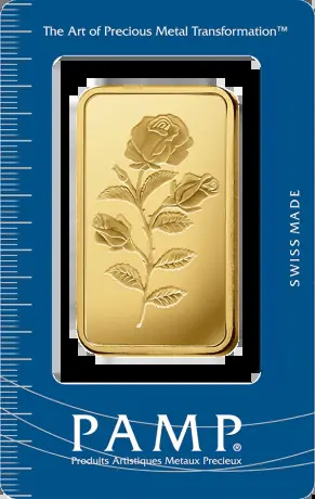Złota sztabka PAMP 50g z motywem róży – szwajcarskie złoto 999,9 w opakowaniu CertiPack