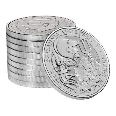 1 oz Britannia i Liberty 2024 srebrna moneta – awers z Britannią i Lady Liberty