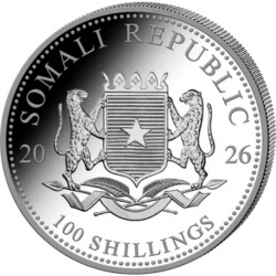 1 oz Słoń Somalijski srebrna moneta 2026 – rewers z afrykańskim słoniem