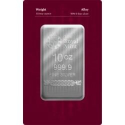 10 oz Loki srebrna sztabka The Royal Mint w oryginalnym blistrze – awers z logo mennicy i próbą 999,9