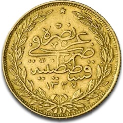 100 Kurusz Piastrów Turcja złota moneta awers w kapslu ochronnym