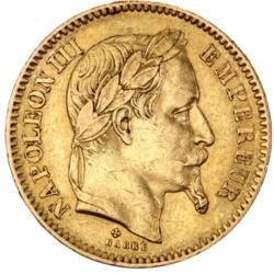 Złota moneta 20 franków Francja Napoleon III z koroną – próba 900, lata 1861–1870